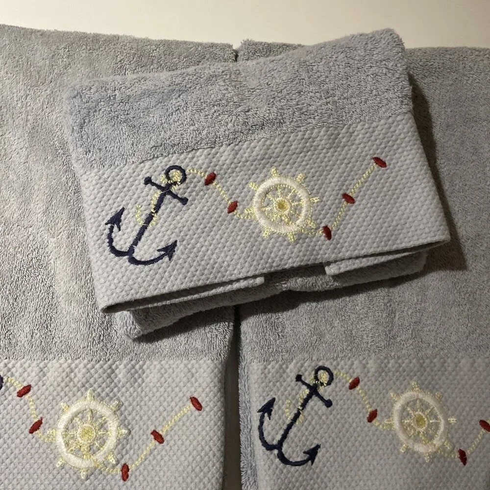 VTG Akova Nautical Hand Towels Blue 100% Cotton Embroidered Anchor Set Of 3